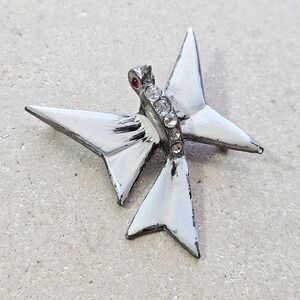 Vintage 30s 40s Hummingbird Brooch White Enamel Rhinestone Silver Tone Pin